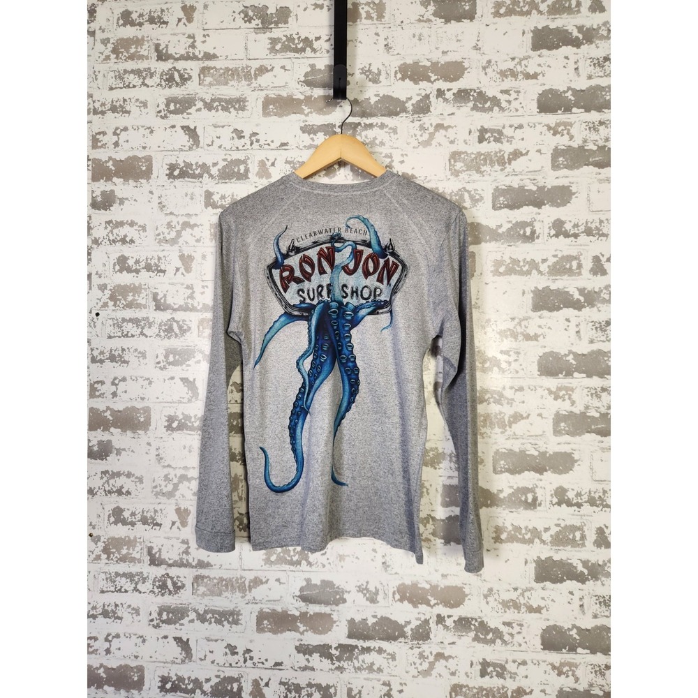 Ron Jon Surf Shop Shirt Men's Small Gray L/S Octopus Beach Surfboard Graphic